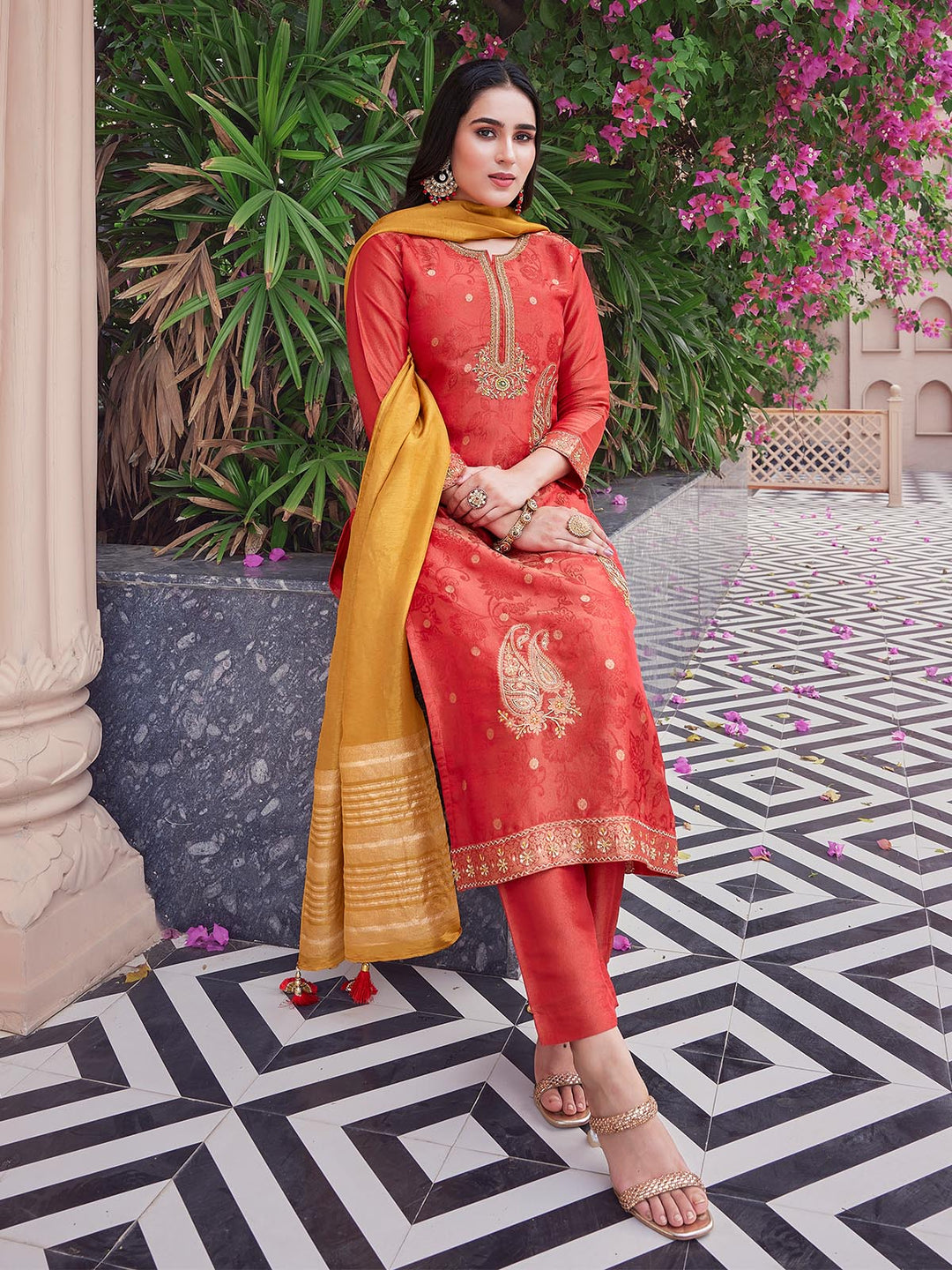 Red Jacquard Silk Suit Set