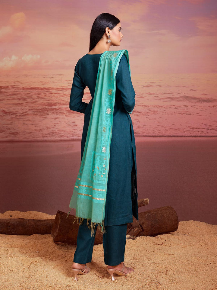 Deep Tuquoise Blue Linen Suit Set