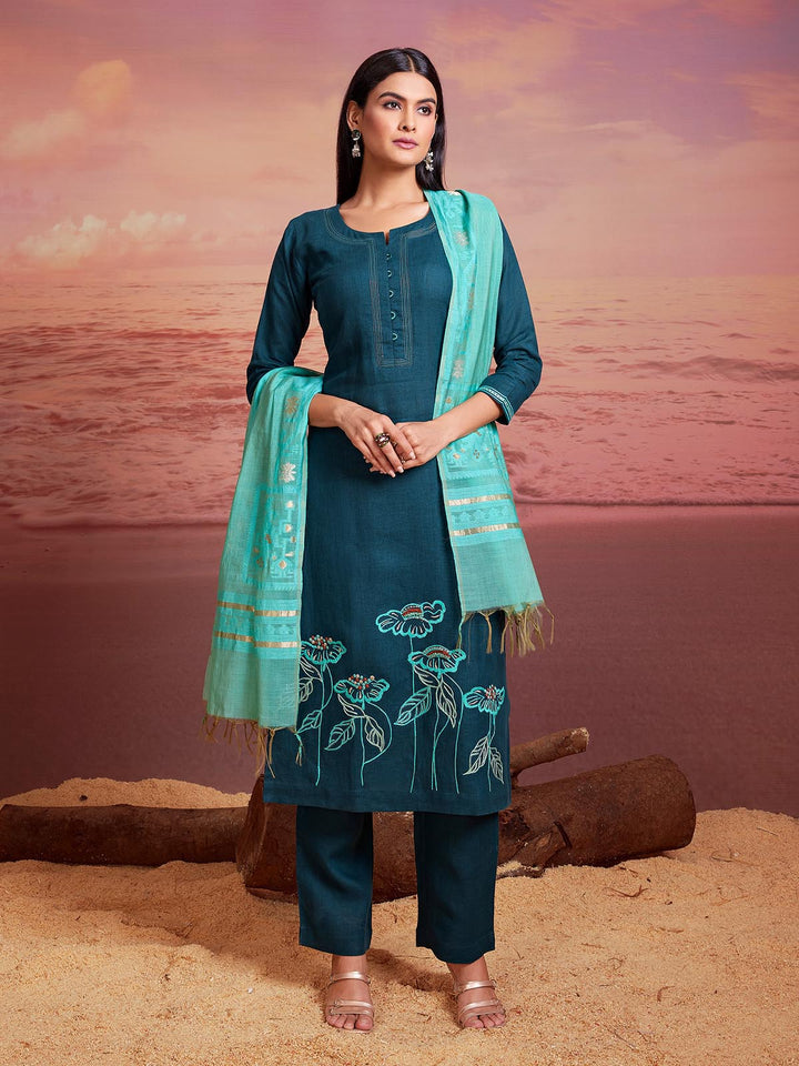 Deep Tuquoise Blue Linen Suit Set