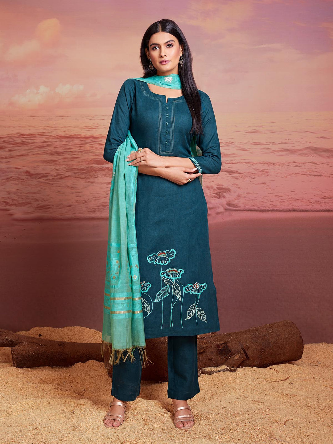 Deep Tuquoise Blue Linen Suit Set