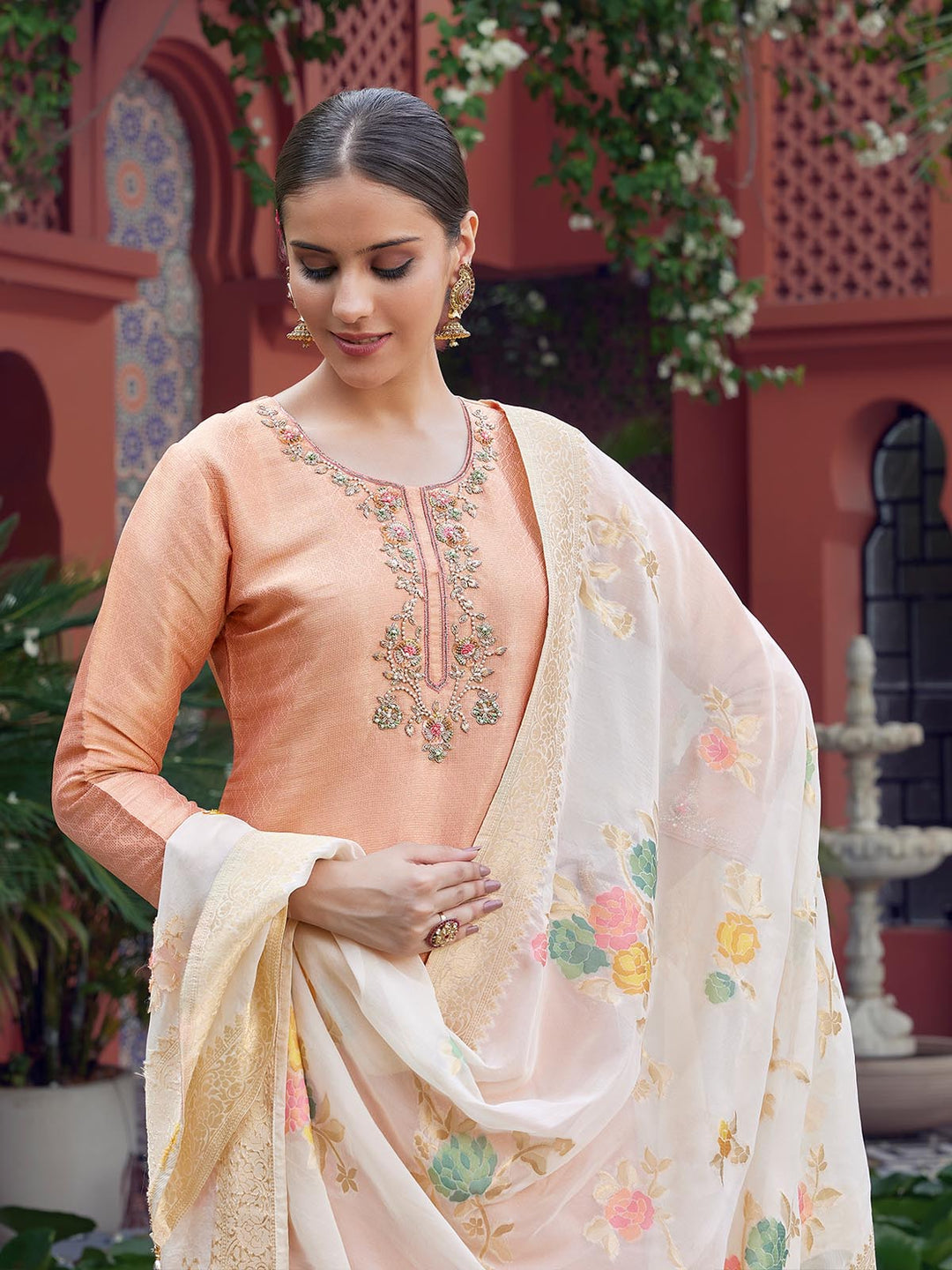 Peach Jacquard Suit Set