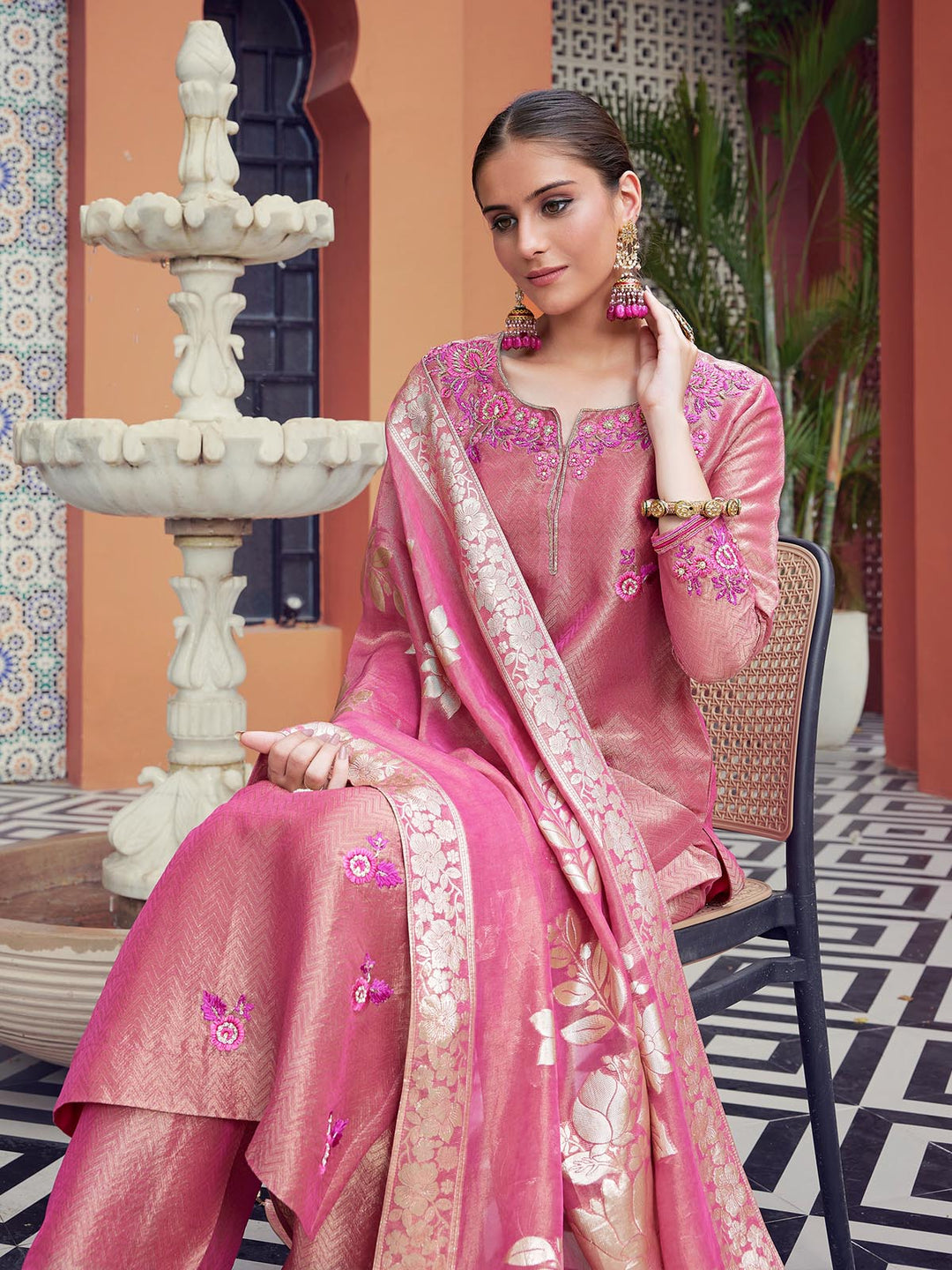 Pink Jacquard Suit Set