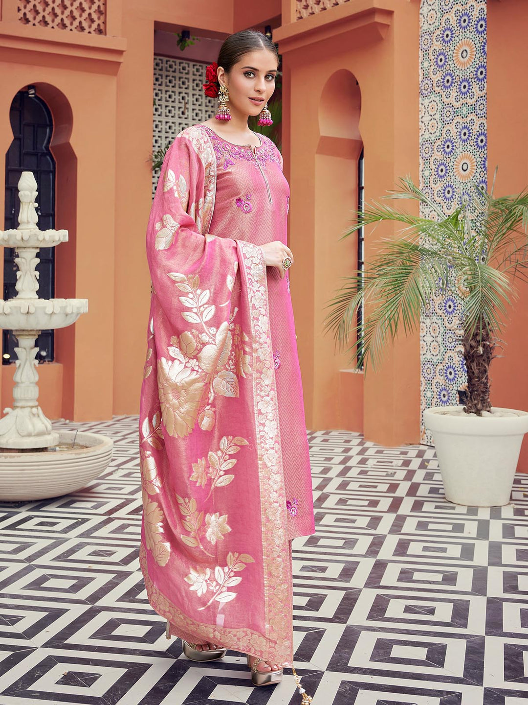 Pink Jacquard Suit Set