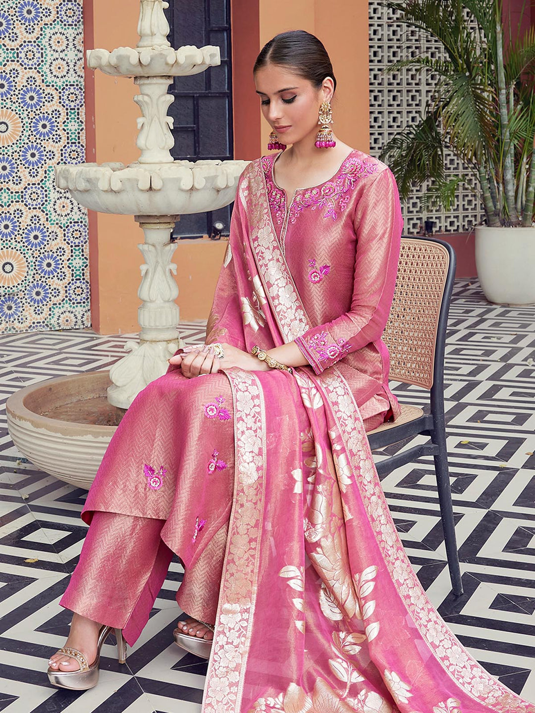 Pink Jacquard Suit Set