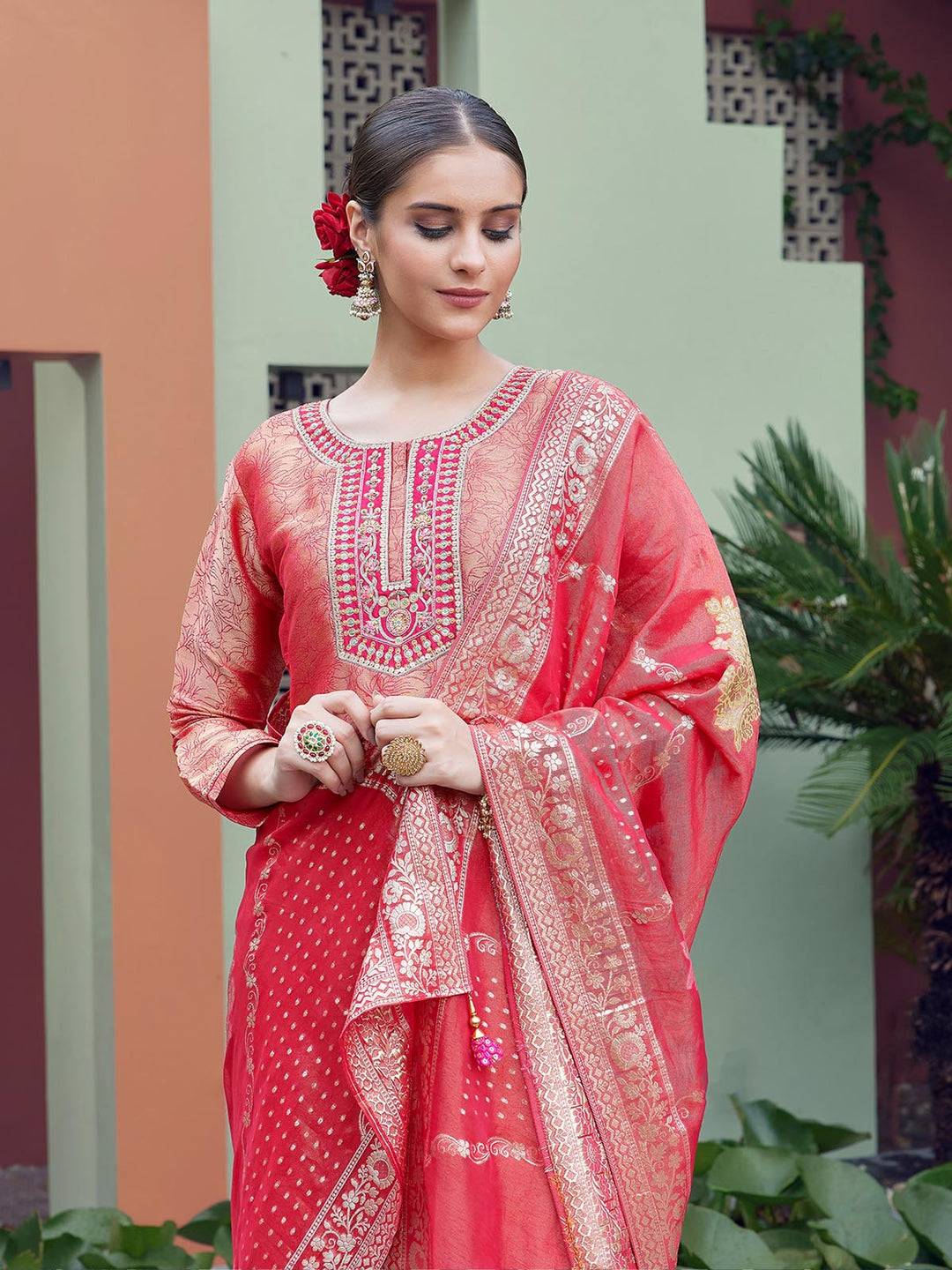 Red Jacquard Suit Set