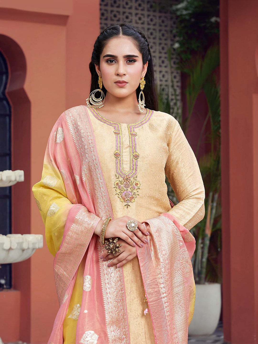 Beige Jacquard Suit Set