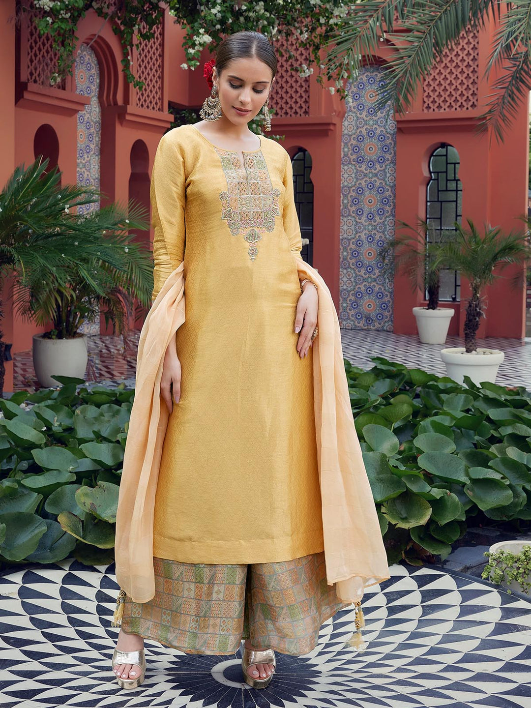 Beige Jacquard Woven Suit Set