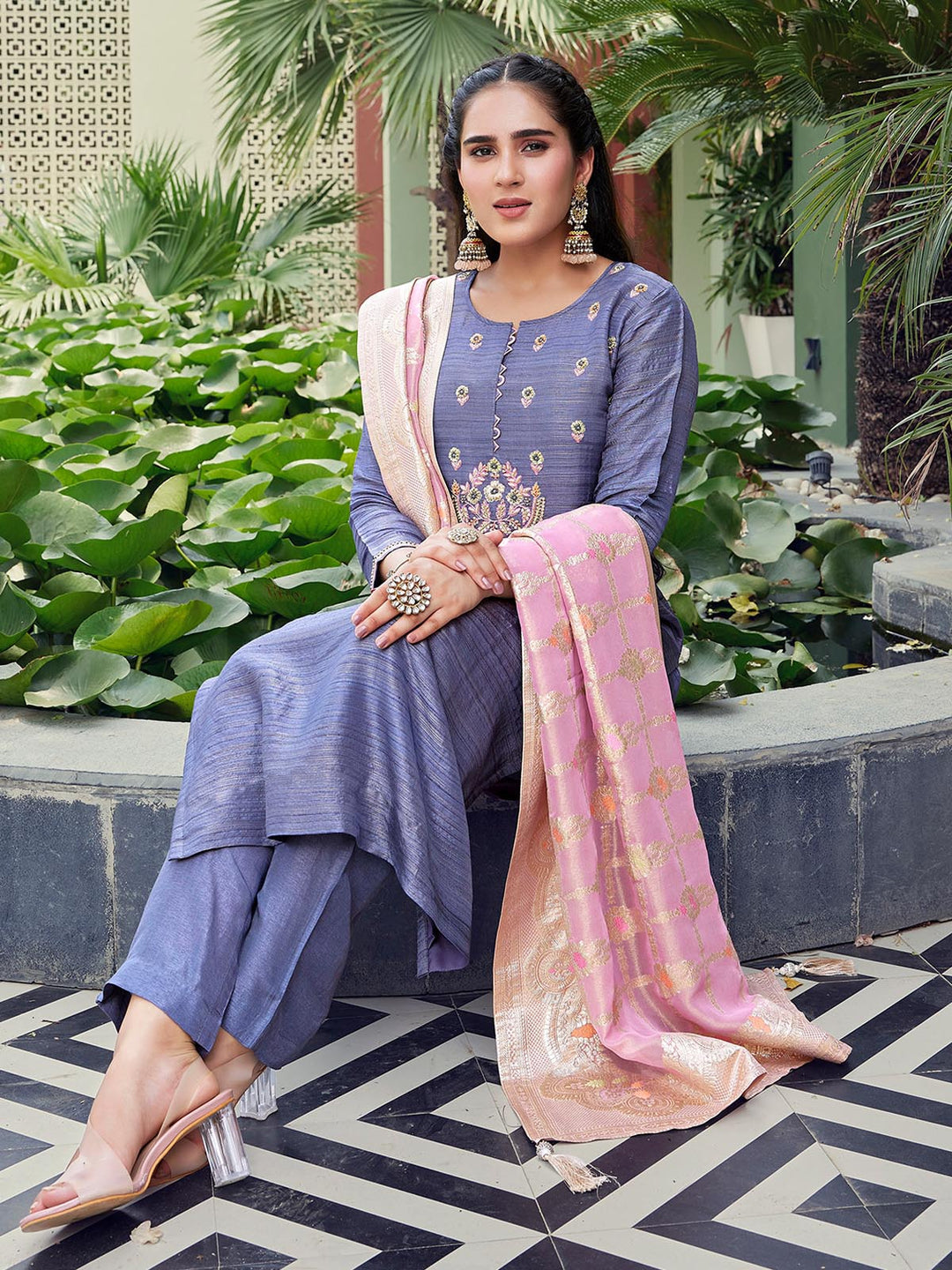 Purple  Jacquard Suit Set