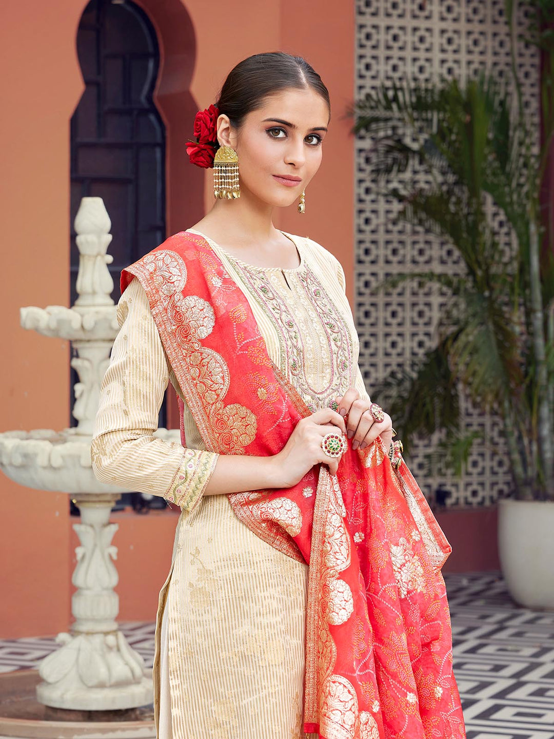 Beige Jacquard Suit Set