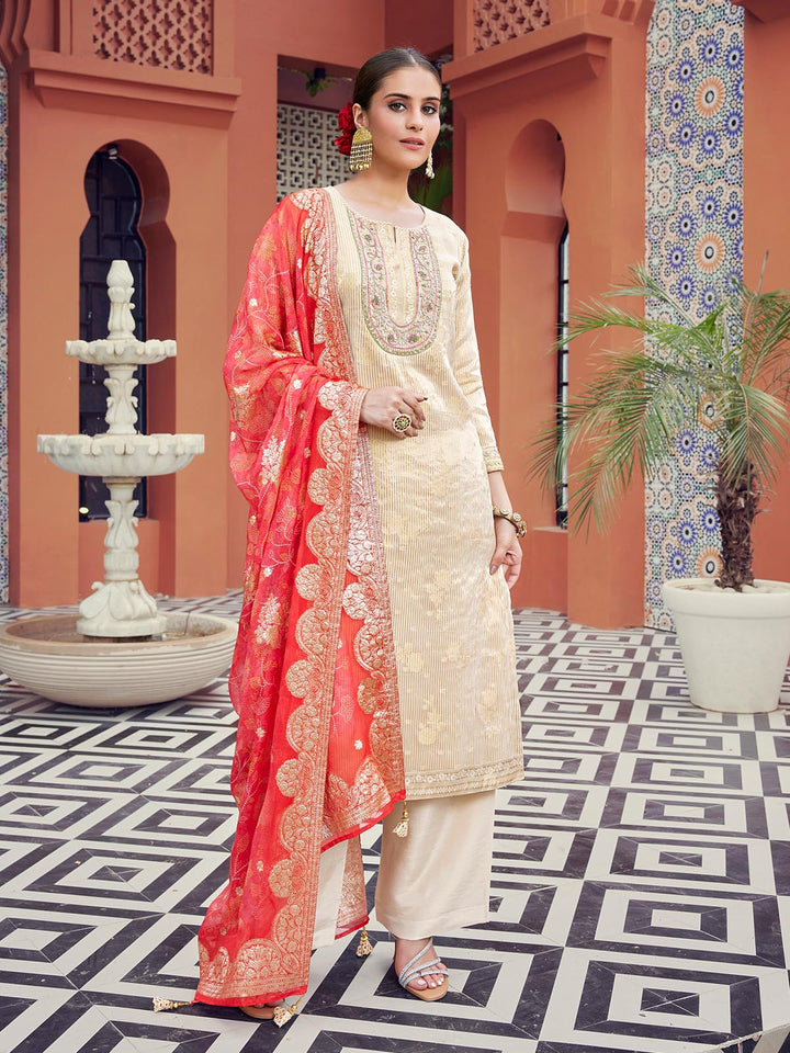 Beige Jacquard Suit Set