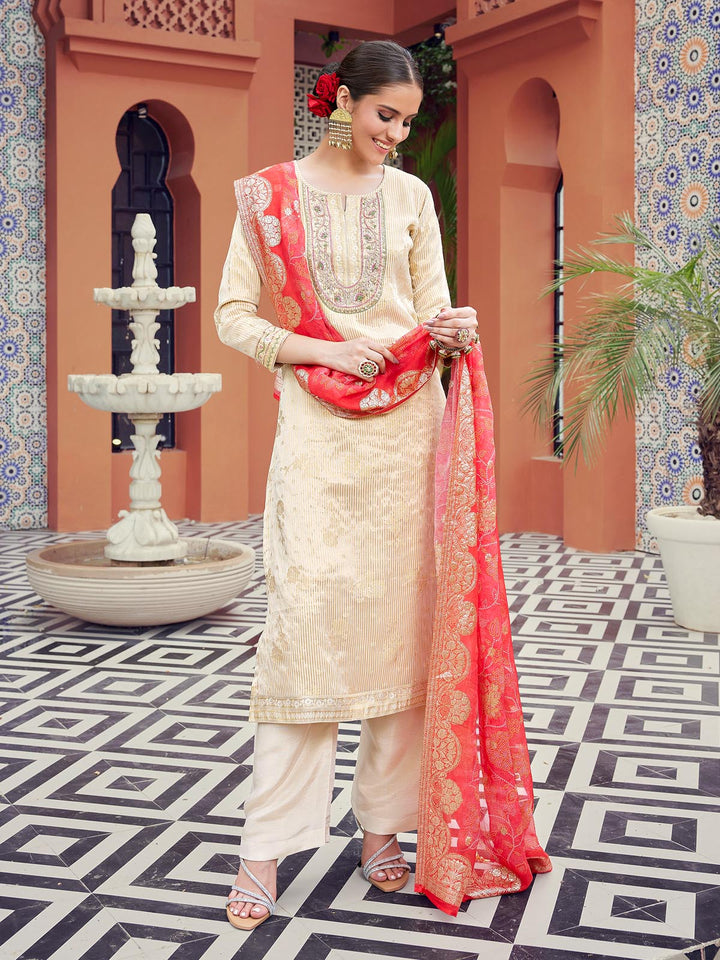 Beige Jacquard Suit Set