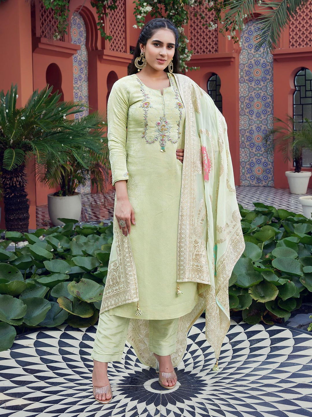 Light Pista Green Jacquard Suit Set