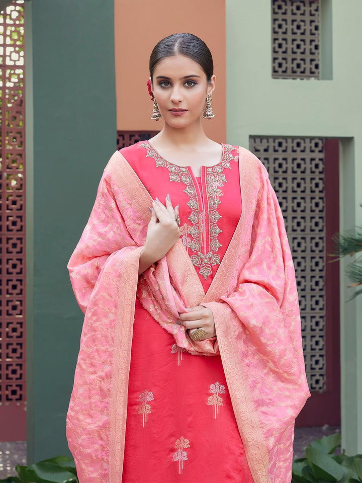 Pink Jacquard Silk Suit Set