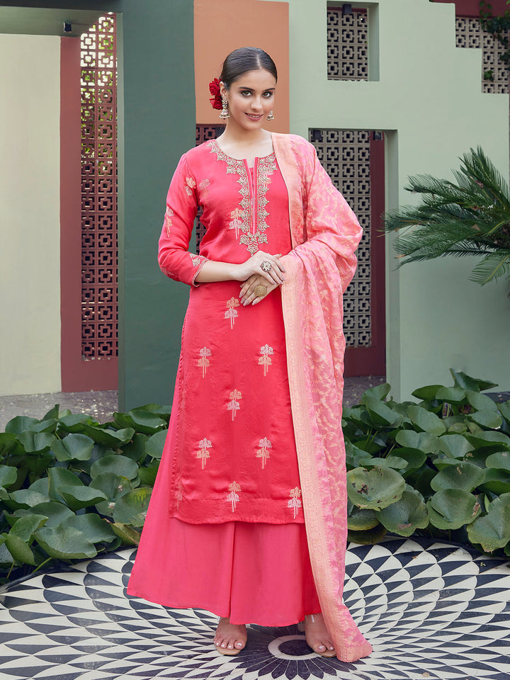 Pink Jacquard Silk Suit Set