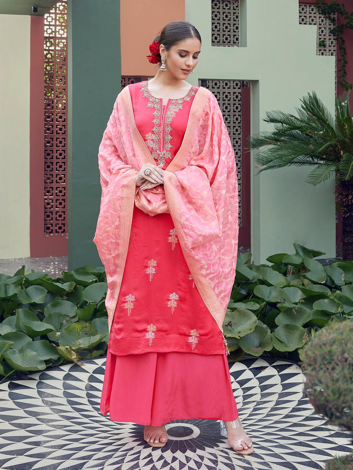 Pink Jacquard Silk Suit Set