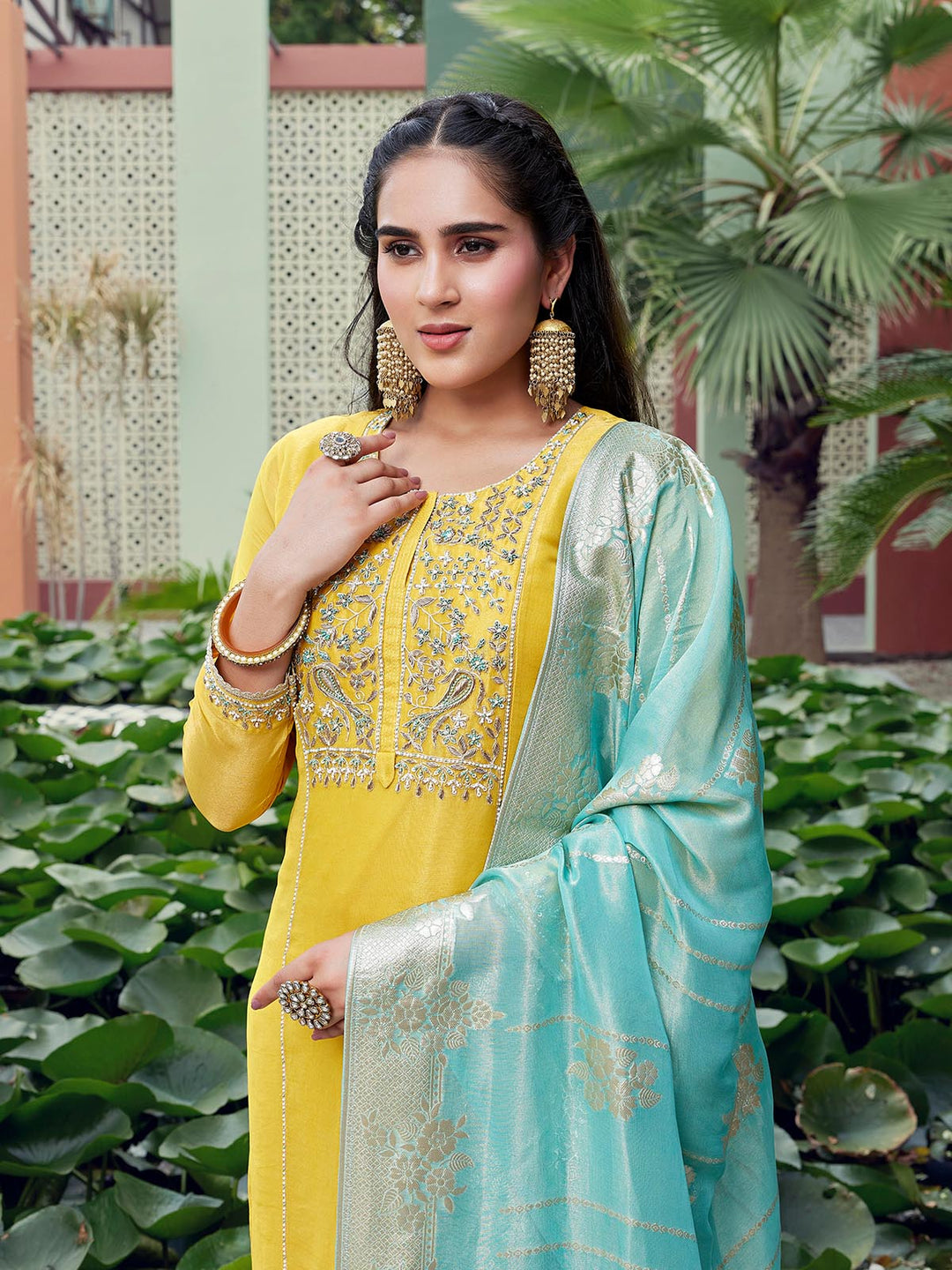 Yellow Tissue Silk Suit Set