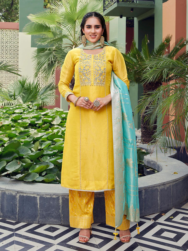 Yellow Tissue Silk Suit Set