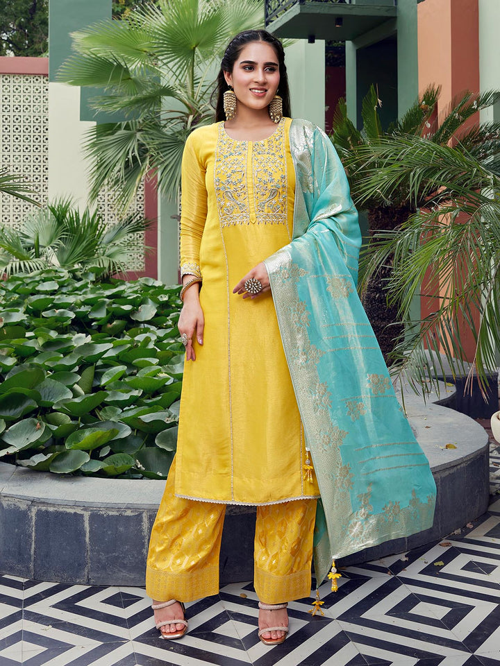 Yellow Tissue Silk Suit Set