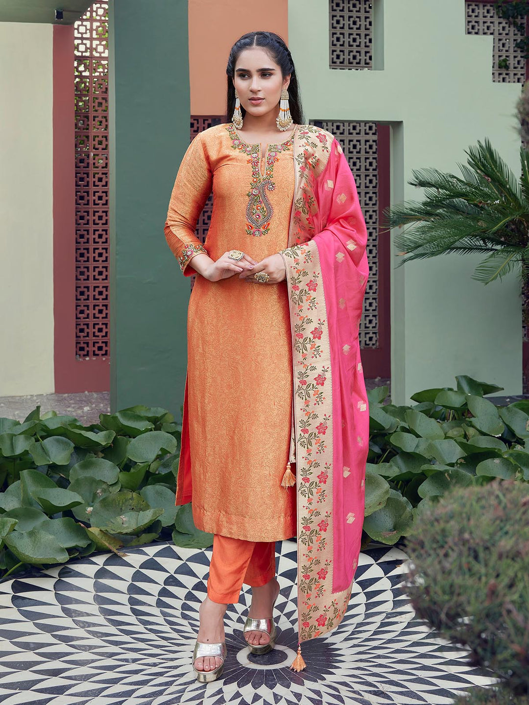 Orange Jacquard Suit Set