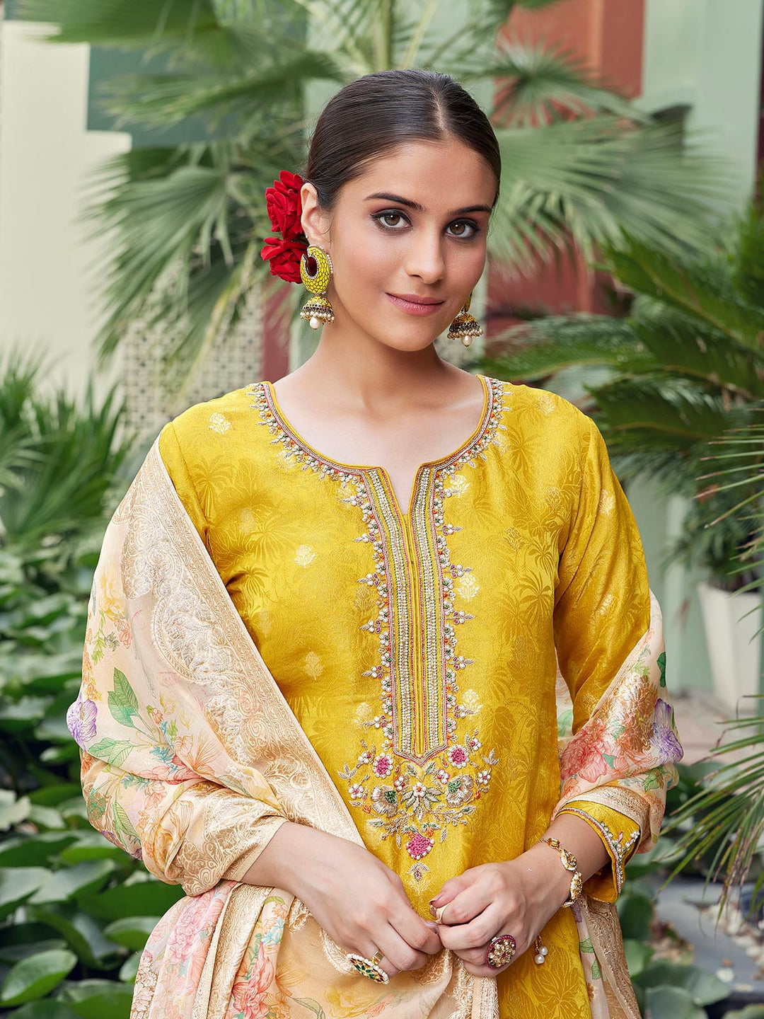 Yellow Jacquard Silk Suit Set