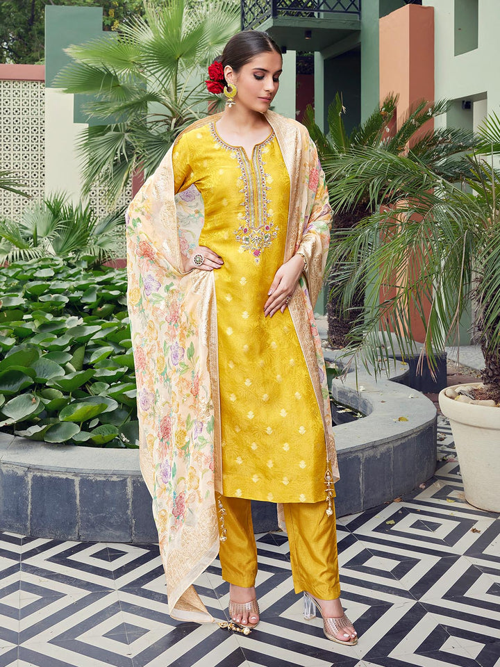 Yellow Jacquard Silk Suit Set