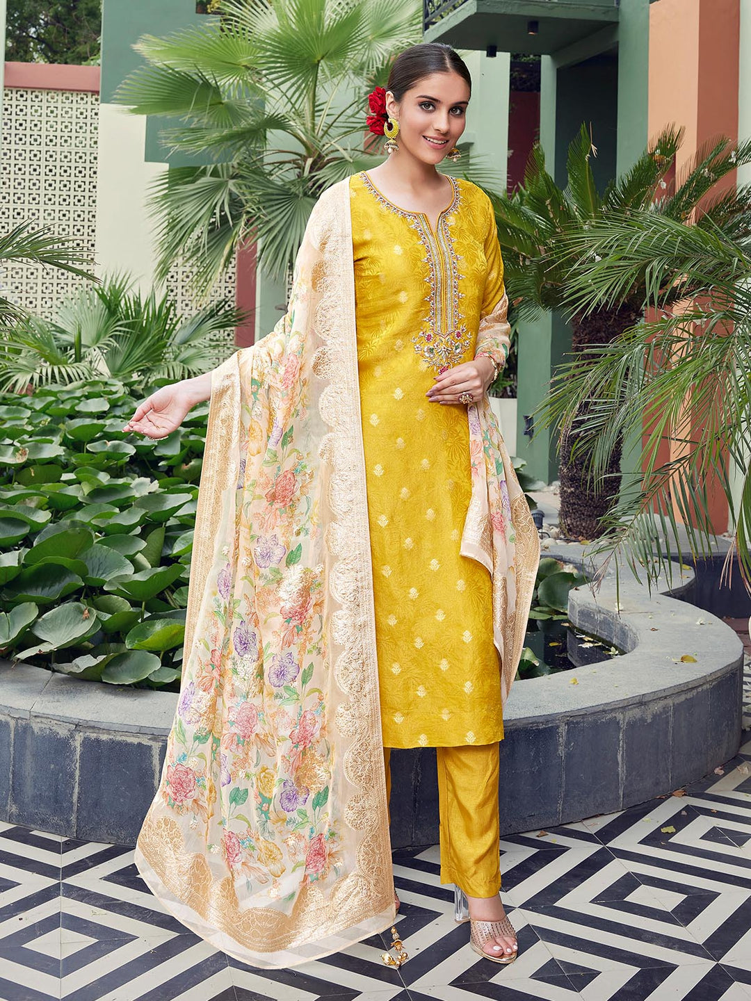 Yellow Jacquard Silk Suit Set