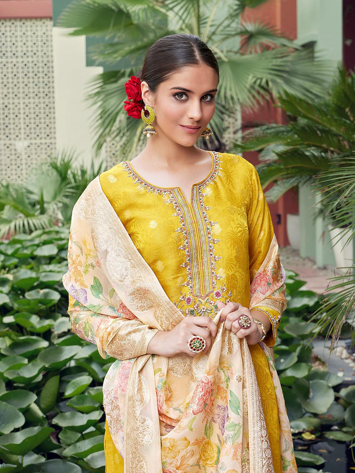 Yellow Jacquard Silk Suit Set