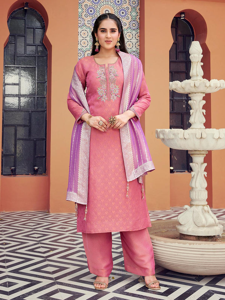 Pink Jacquard Silk Suit Set