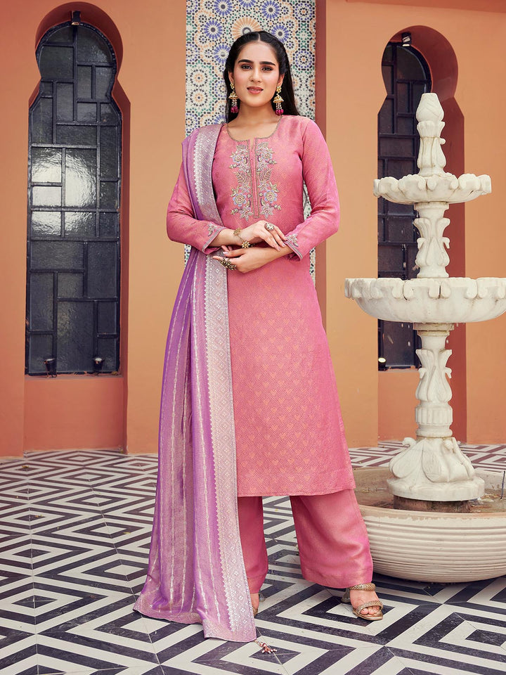 Pink Jacquard Silk Suit Set