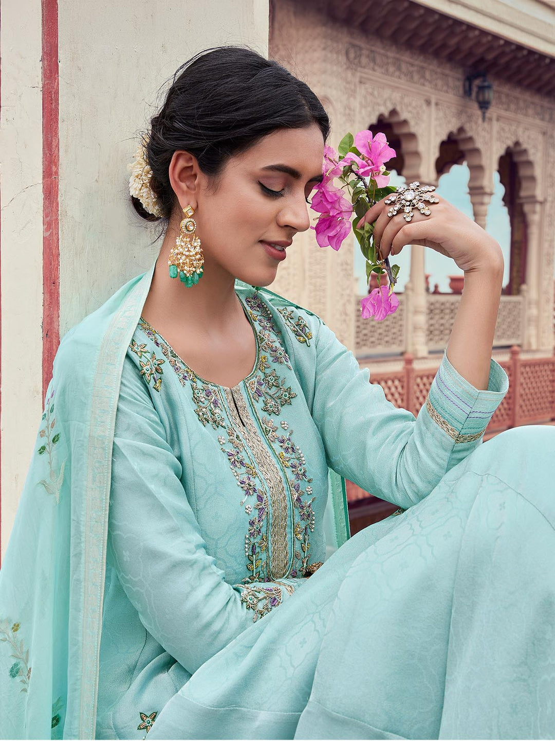 Powder Blue Jacquard Anarkali Set