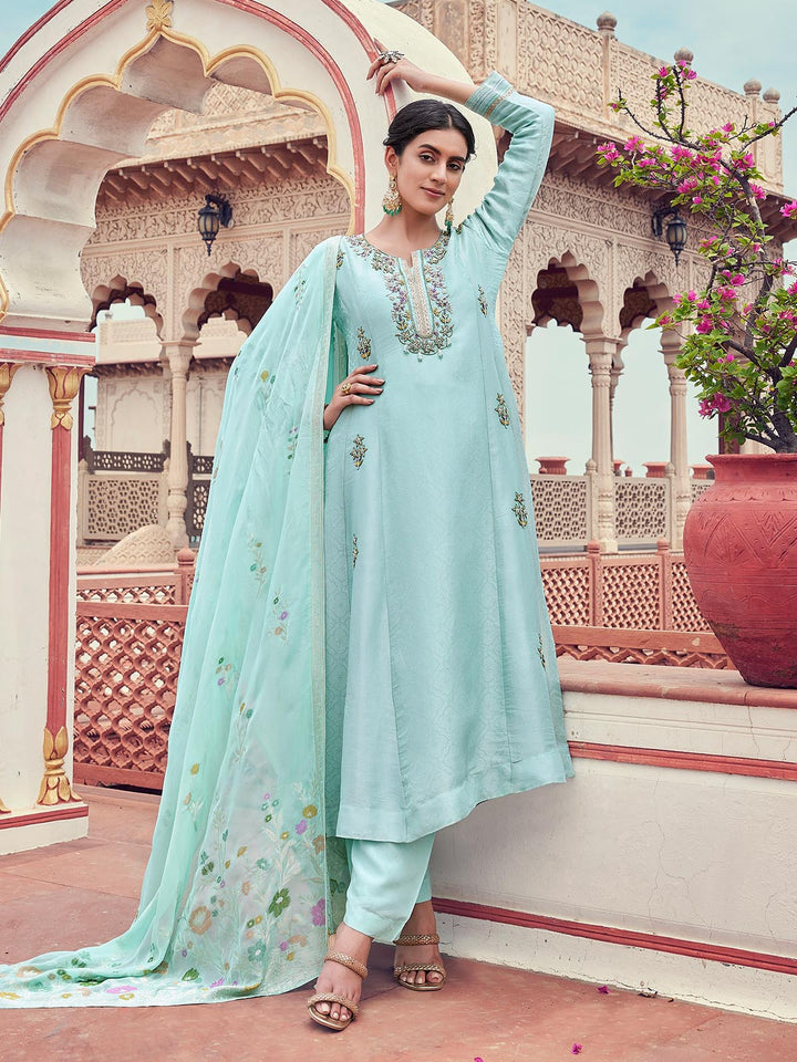 Powder Blue Jacquard Anarkali Set