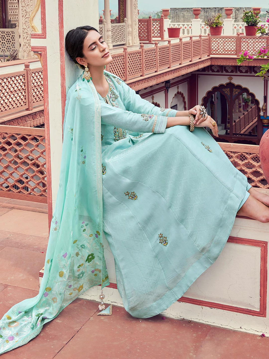 Powder Blue Jacquard Anarkali Set