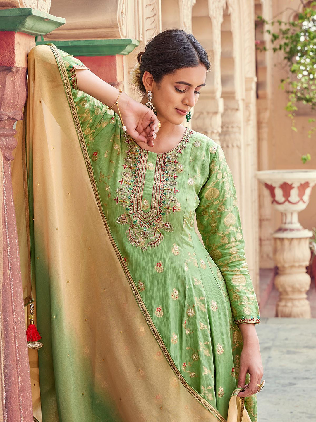 Green Jacquard Anarkali Set