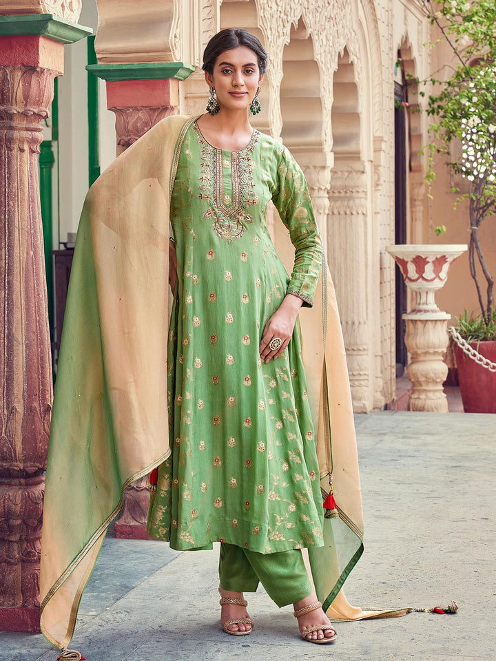 Green Jacquard Anarkali Set