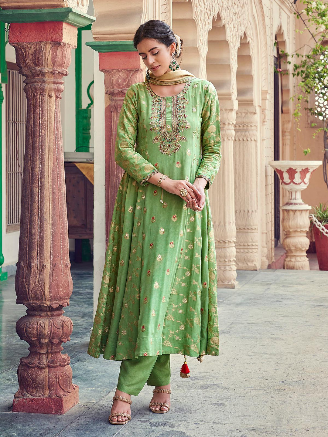 Green Jacquard Anarkali Set