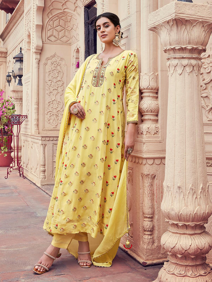 Lemon Yellow Jacquard Anarkali Set