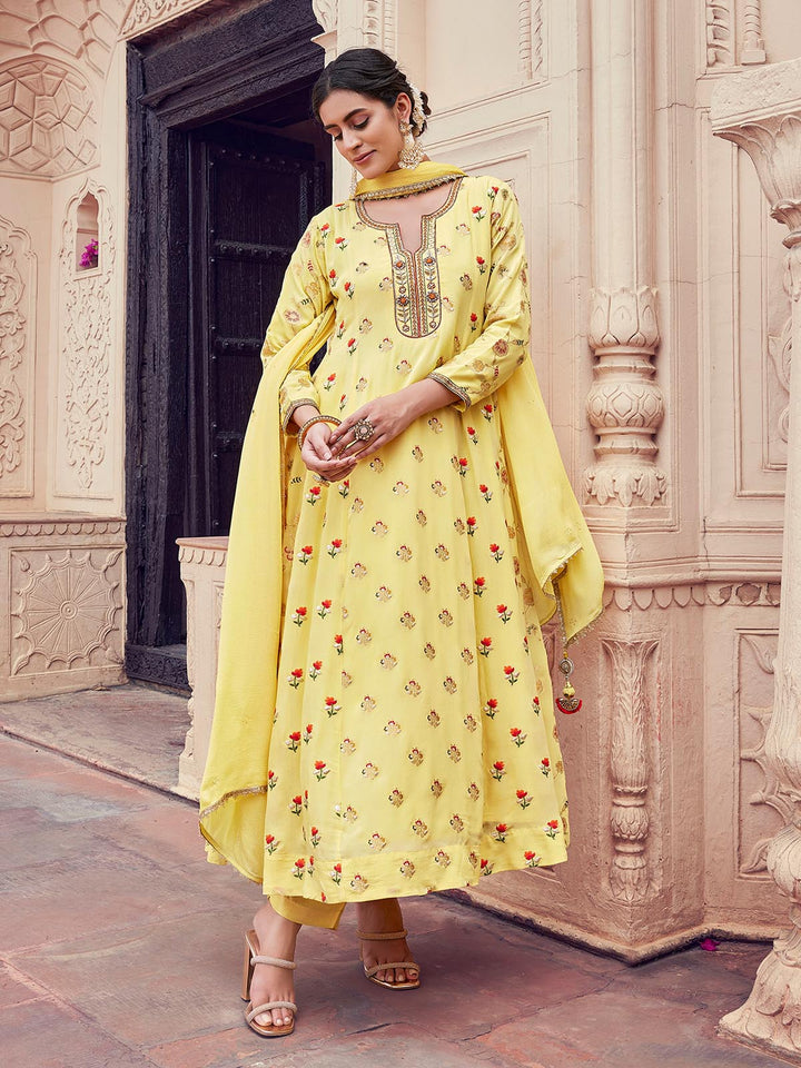 Lemon Yellow Jacquard Anarkali Set