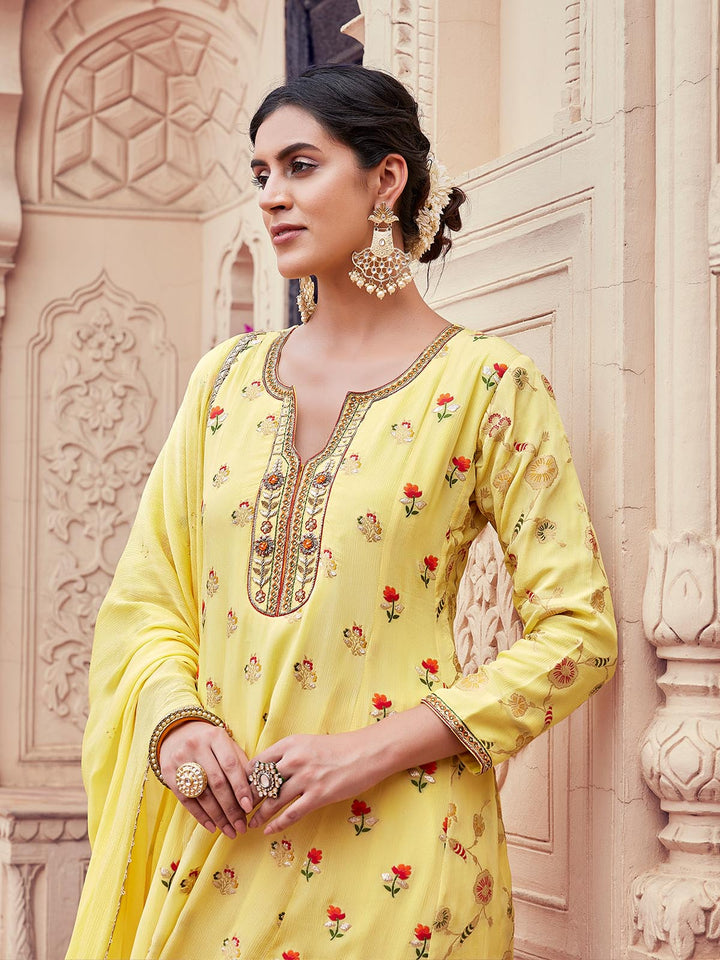 Lemon Yellow Jacquard Anarkali Set