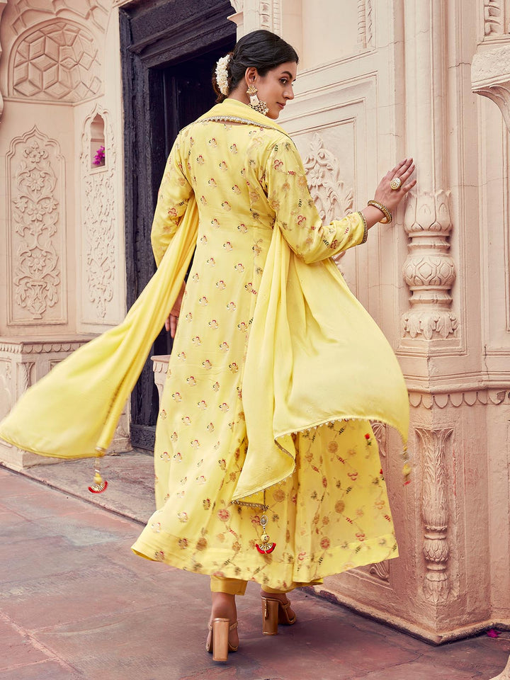 Lemon Yellow Jacquard Anarkali Set