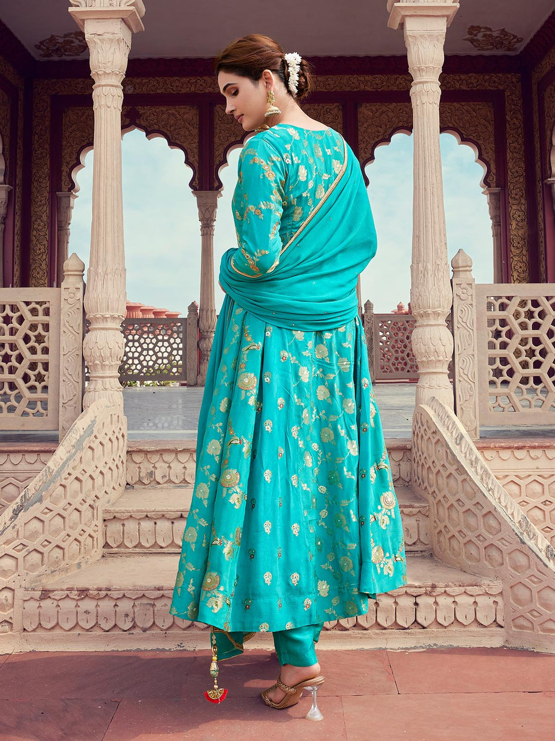 Turquoise Jacquard Anarkali Set