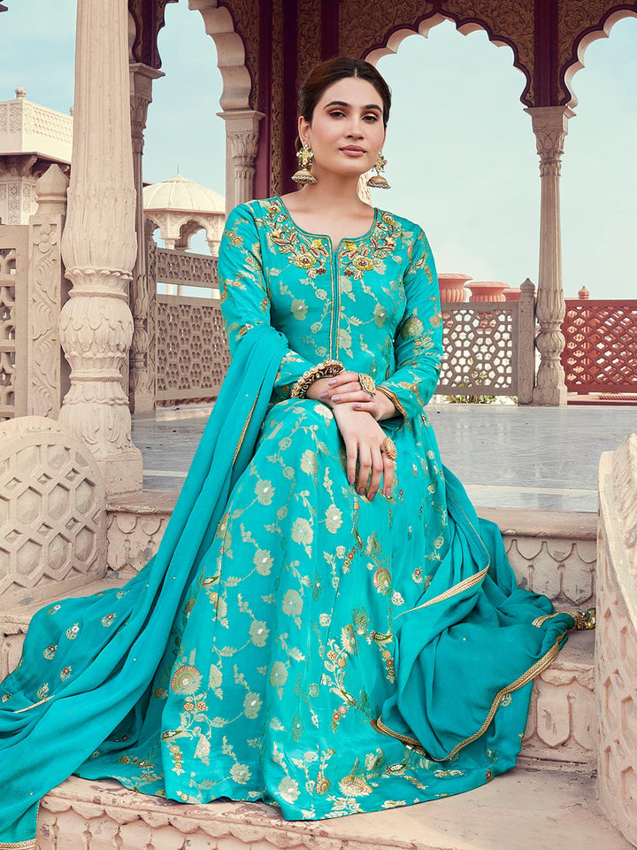 Turquoise Jacquard Anarkali Set