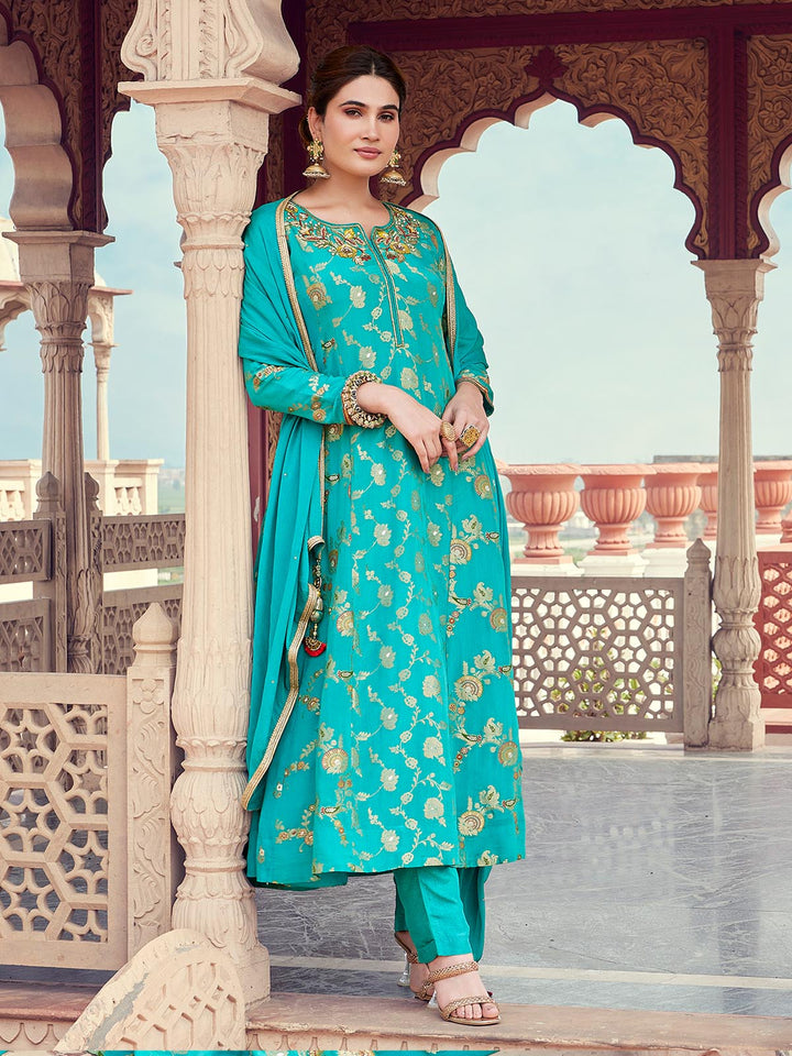 Turquoise Jacquard Anarkali Set