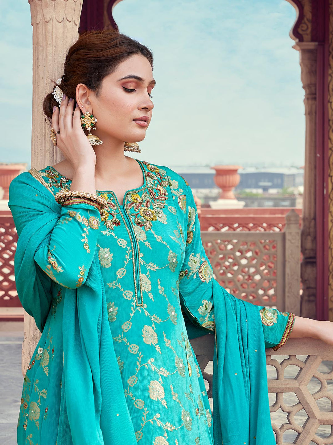 Turquoise Jacquard Anarkali Set