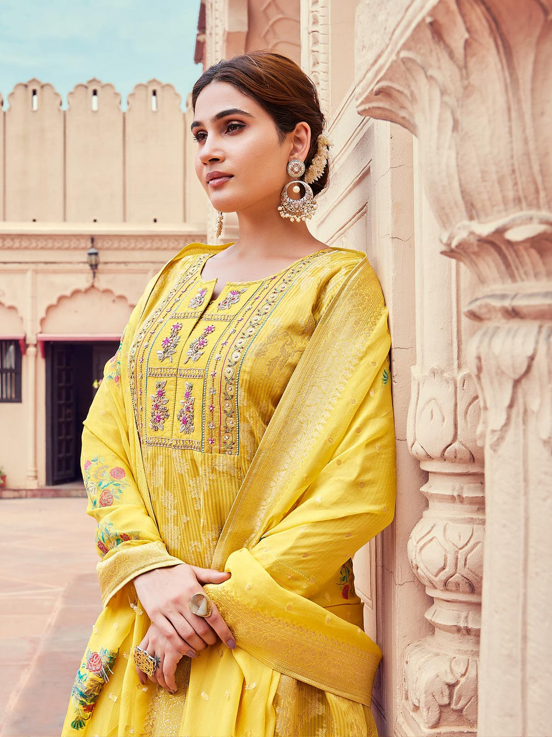 Yellow Jacquard Anarkali Set