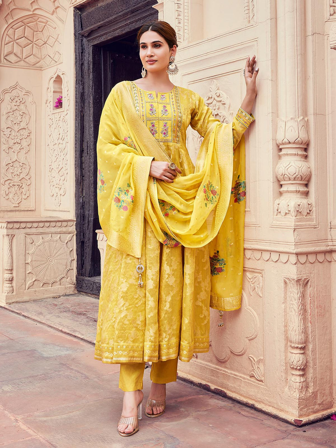 Yellow Jacquard Anarkali Set