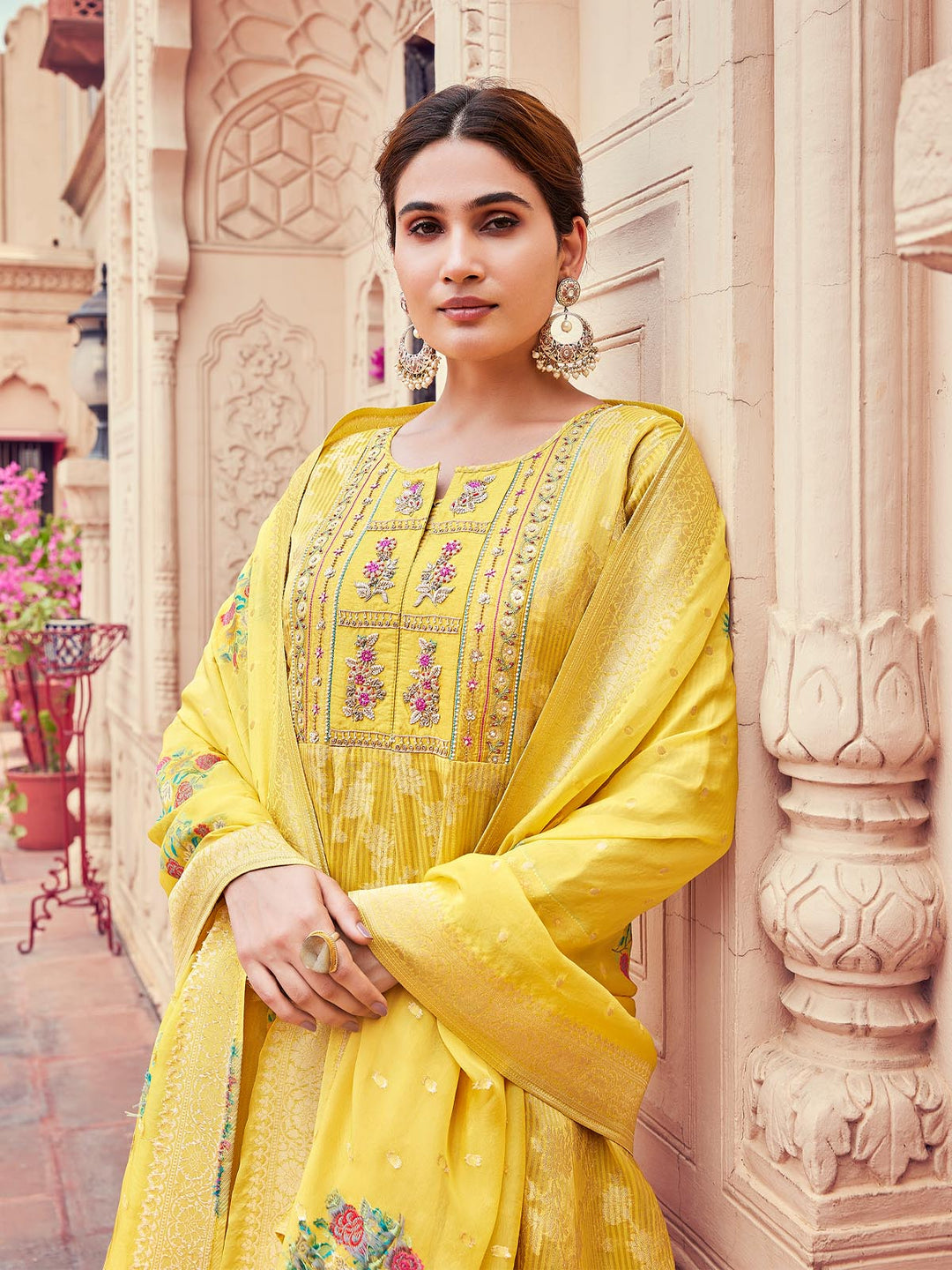 Yellow Jacquard Anarkali Set