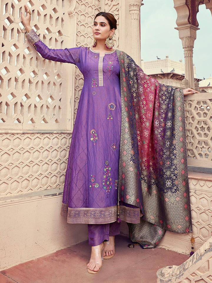 Purple Jacquard Anarkali Set