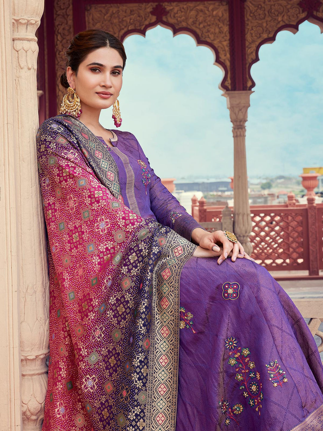 Purple Jacquard Anarkali Set