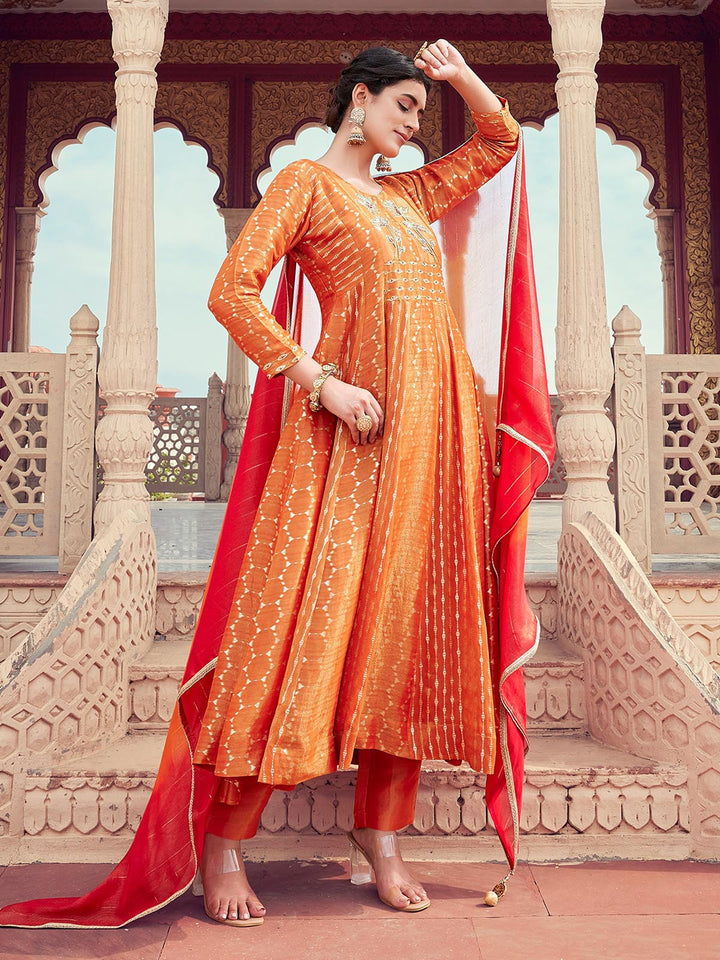 Orange Jacquard Anarkali Set