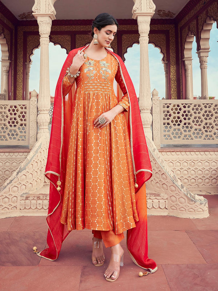 Orange Jacquard Anarkali Set